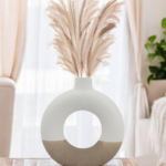 Ceramic Donut Vase, Pampas Grass Flower Home Decor Centrepiece for Office or Gifts - Dual Tone (White & Brown, 6 Inch)