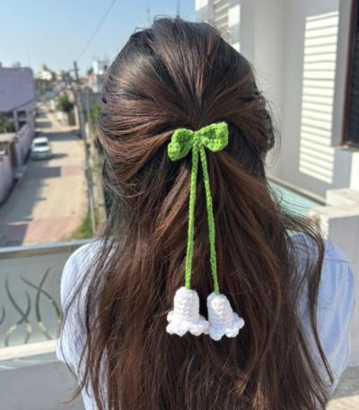 Handmade crochet lily flower hair tie with green bow aesthetic hair accessory
