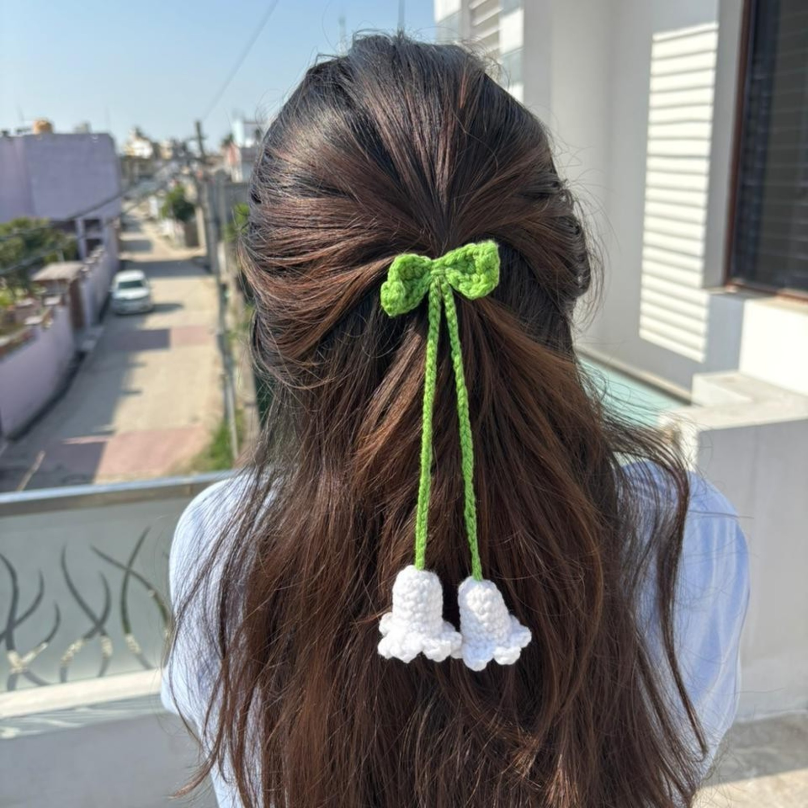 Handmade crochet lily flower hair tie with green bow aesthetic hair accessory