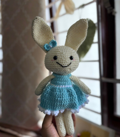 Handmade crochet bunny doll in blue dress amigurumi soft toy
