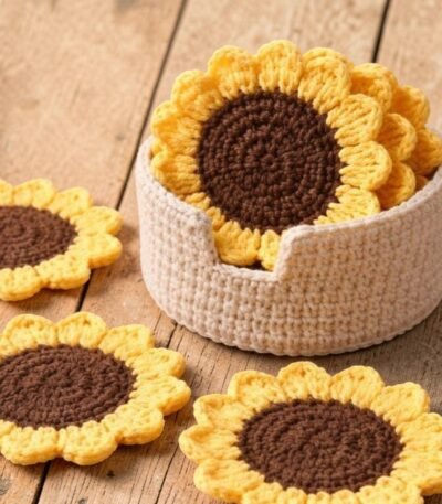 Handmade crochet sunflower coasters set for table decor