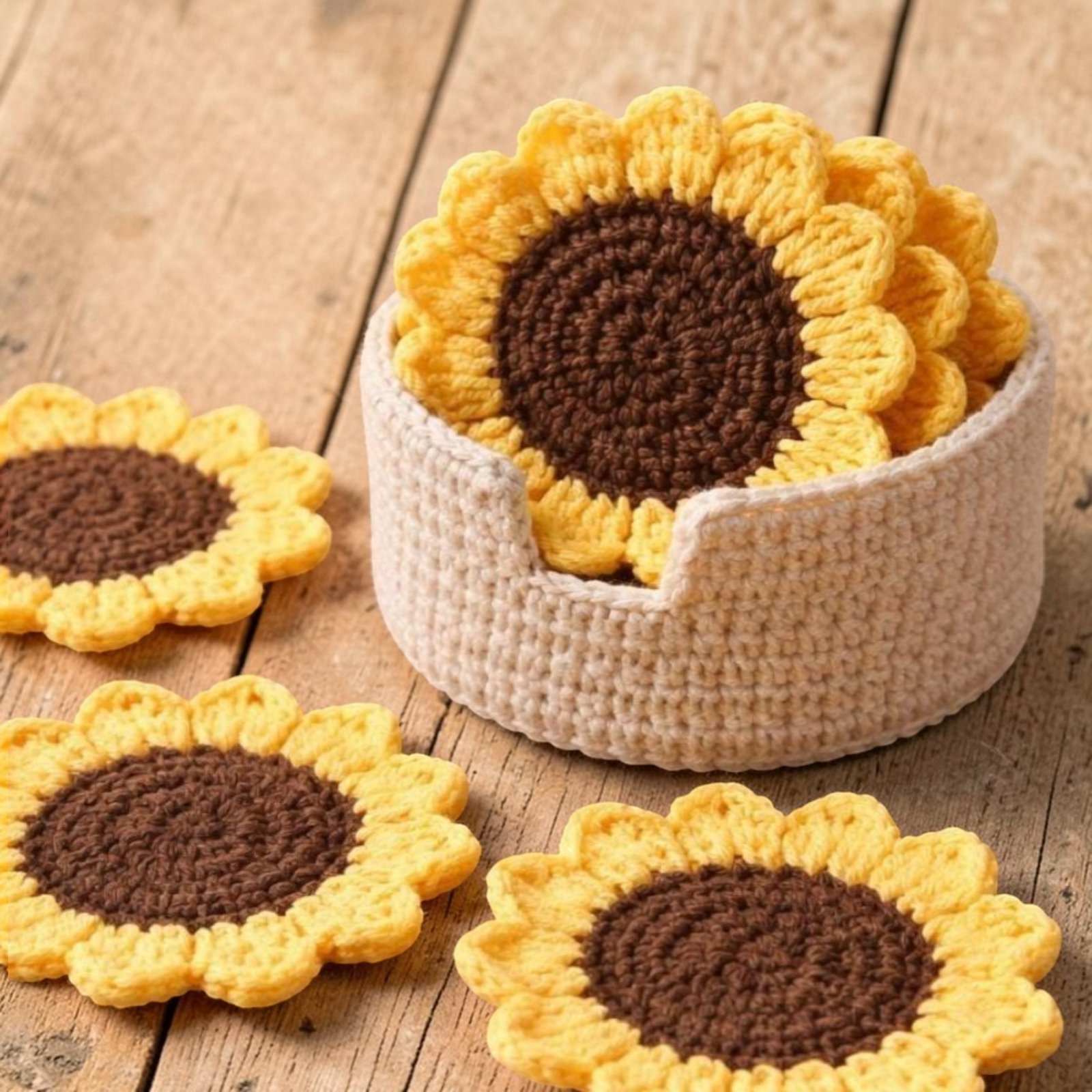 Handmade crochet sunflower coasters set for table decor