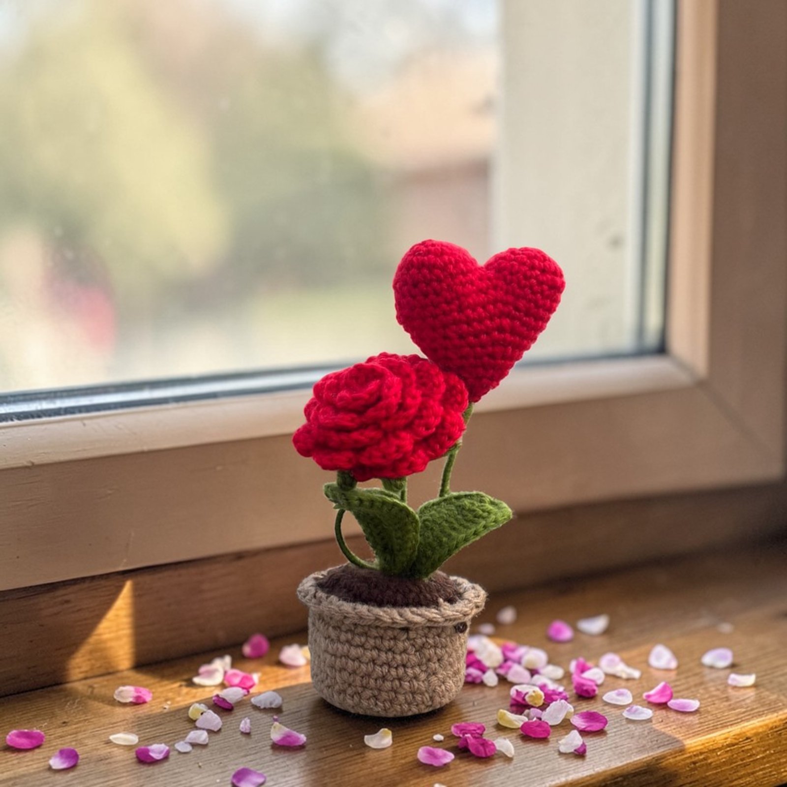 Rose&Heart bouquet Handmade Crochet Rose & Heart Pot – Romantic Desk Decor (Customizable) - Image 1