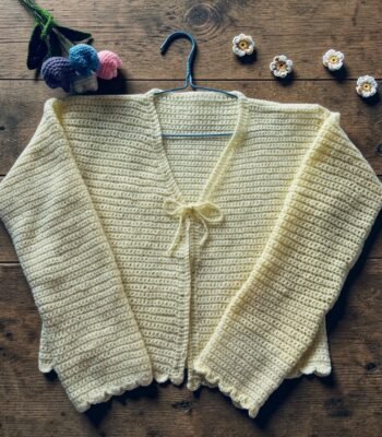 Handmade crochet cream cardigan for women with tie front design