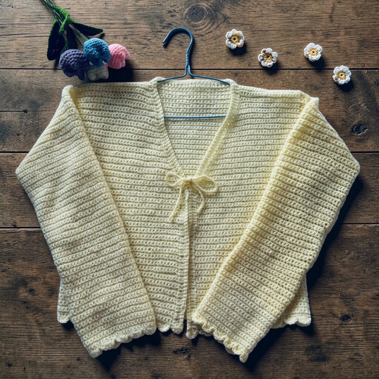 Handmade crochet cream cardigan for women with tie front design