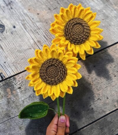 Handmade crochet sunflower flower decoration made with yellow yarn