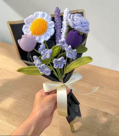 handmade crochet flower bouquet with daisy rose lavender flowers wrapped in black paper