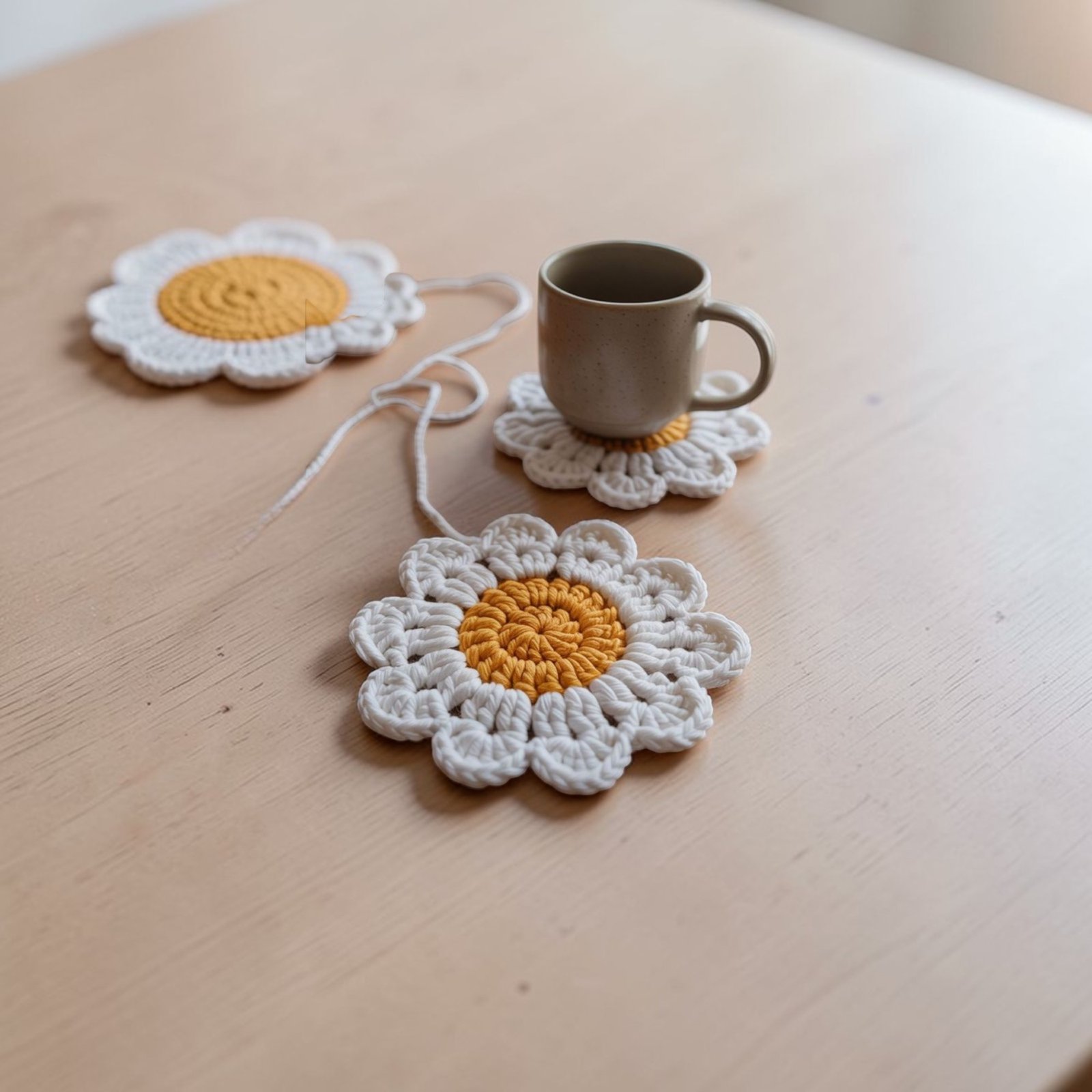 Handmade crochet daisy flower coaster made with chunky yarn placed under a coffee mug