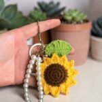 Handmade crochet sunflower keychain with pearl bead strap
