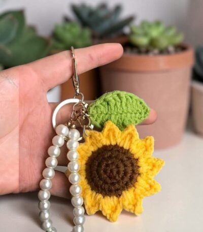 Handmade crochet sunflower keychain with pearl bead strap