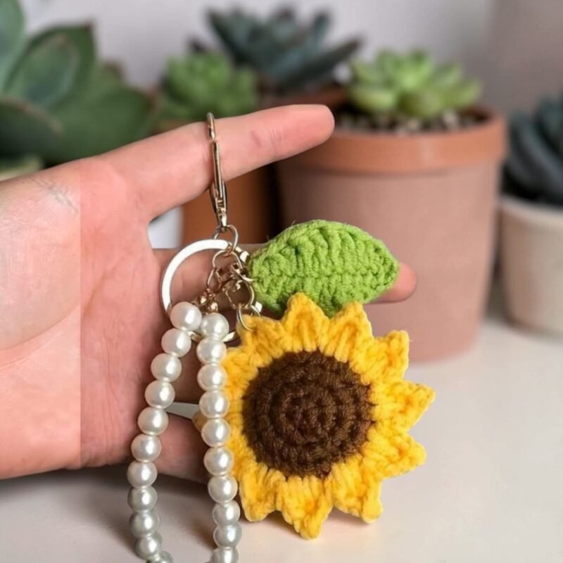 Handmade crochet sunflower keychain with pearl bead strap