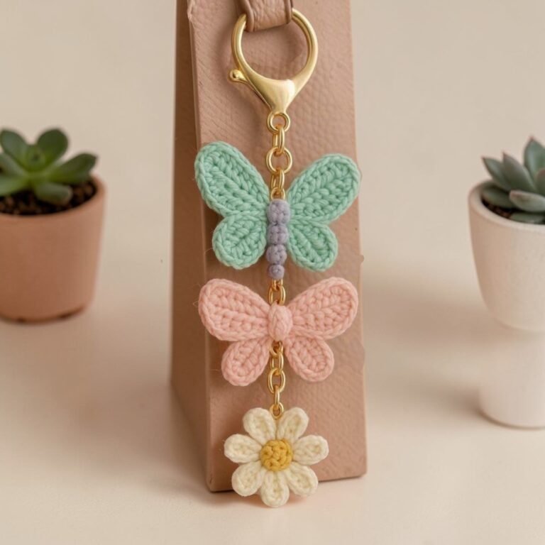 handmade crochet butterfly and daisy keychain hanging on bag