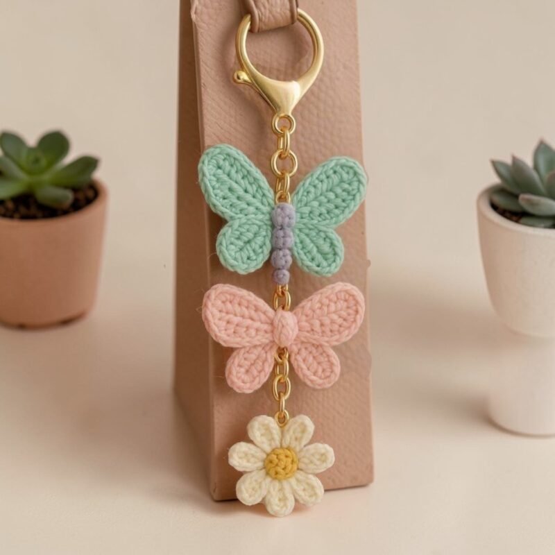 handmade crochet butterfly and daisy keychain hanging on bag