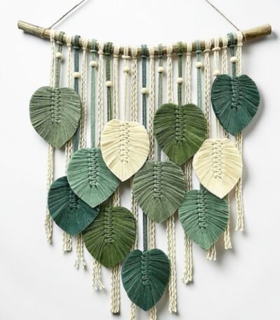 Handmade macrame leaf wall hanging green cream boho wall decor