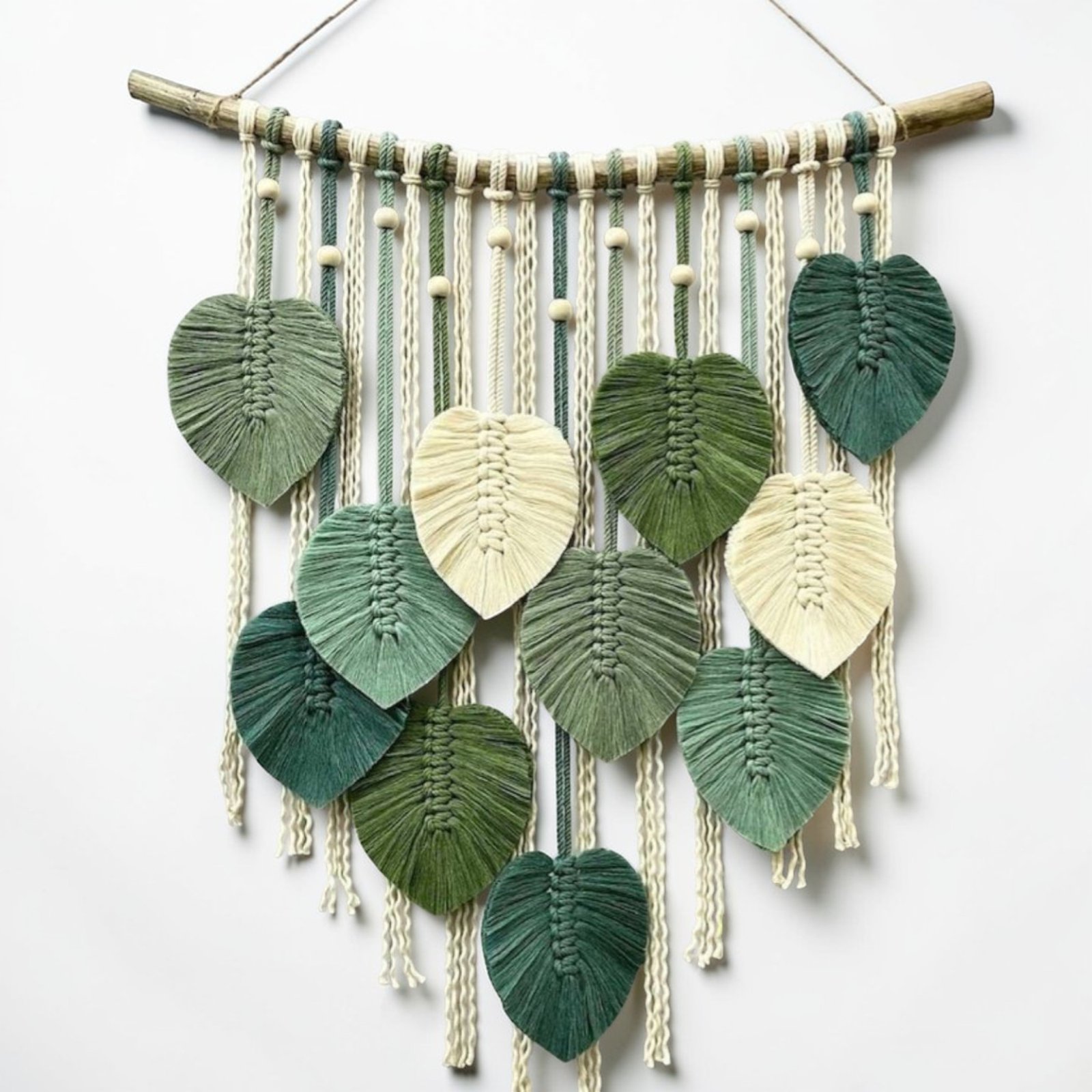 Handmade macrame leaf wall hanging green cream boho wall decor
