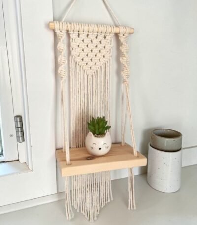 handmade macrame wall shelf with wooden plank boho hanging plant holder