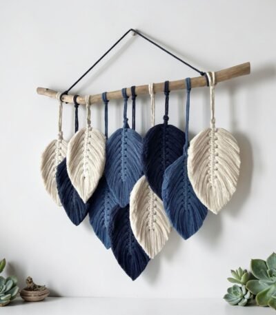 blue cream macrame leaf wall hanging handmade boho wall decor