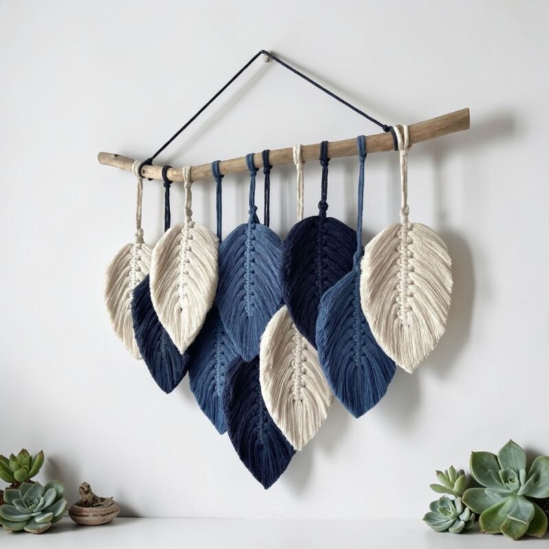 blue cream macrame leaf wall hanging handmade boho wall decor