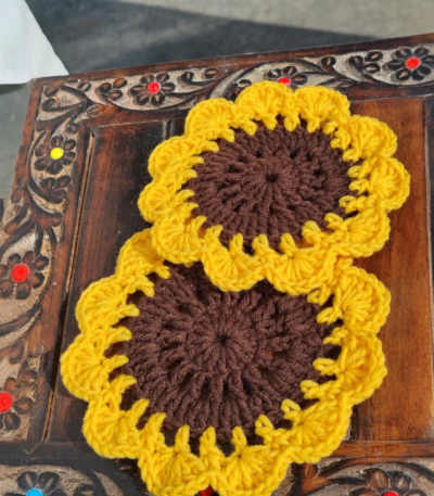 Handmade crochet sunflower coaster set for table decor