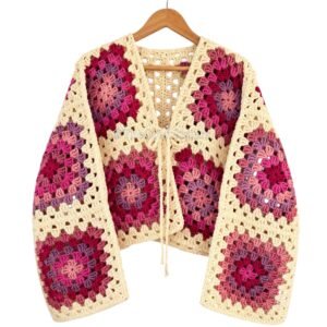 Handmade Crochet Granny Square Cardigan for Women – Multicolour Floral Patchwork Open Front Sweater with Cream Border