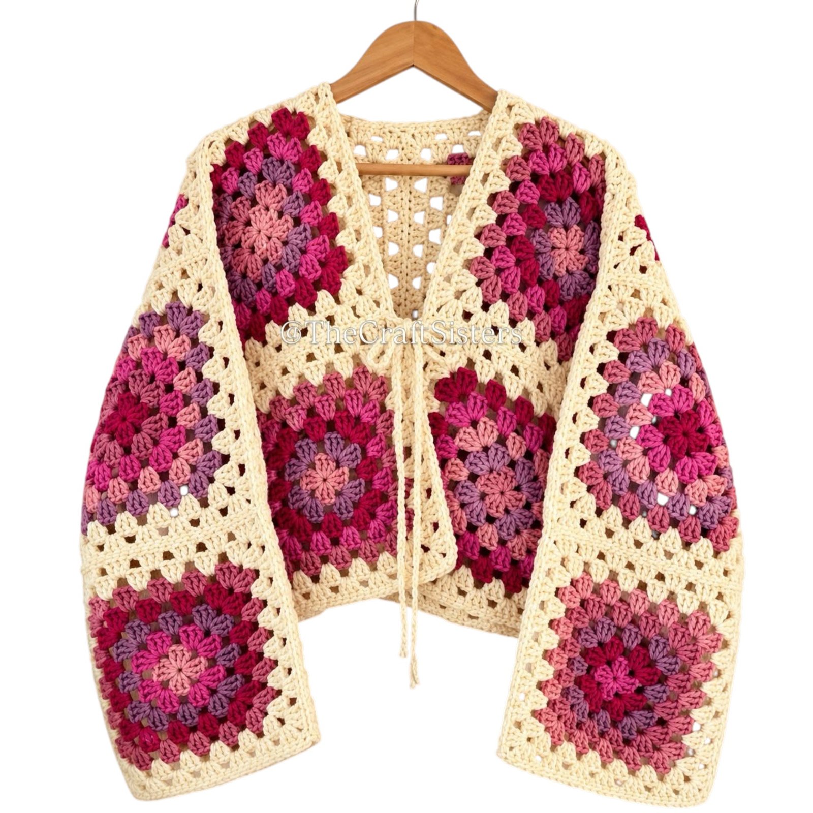 C1 Handmade Crochet Granny Square Cardigan for Women – Multicolour Floral Patchwork Open Front Sweater with Cream Border - Image 1