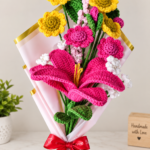 Handmade Crochet Lily Flower Bouquet – Pink & Yellow Floral Gift Bouquet