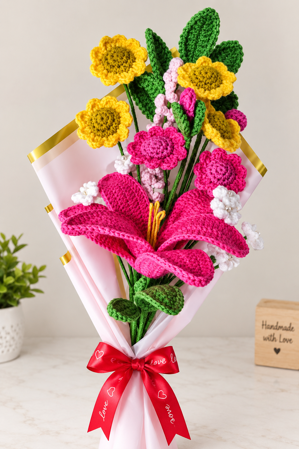 ChatGPT Image Sep 8, 2026, 03_14_32 PM Handmade Crochet Lily Flower Bouquet – Pink & Yellow Floral Gift Bouquet - Image 1