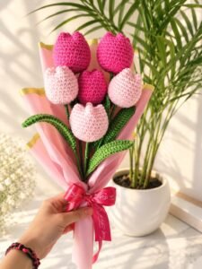 Handmade Crochet Tulip Bouquet – 6 Tulips with Green Leaves | Long-Lasting Handmade Flower Gift