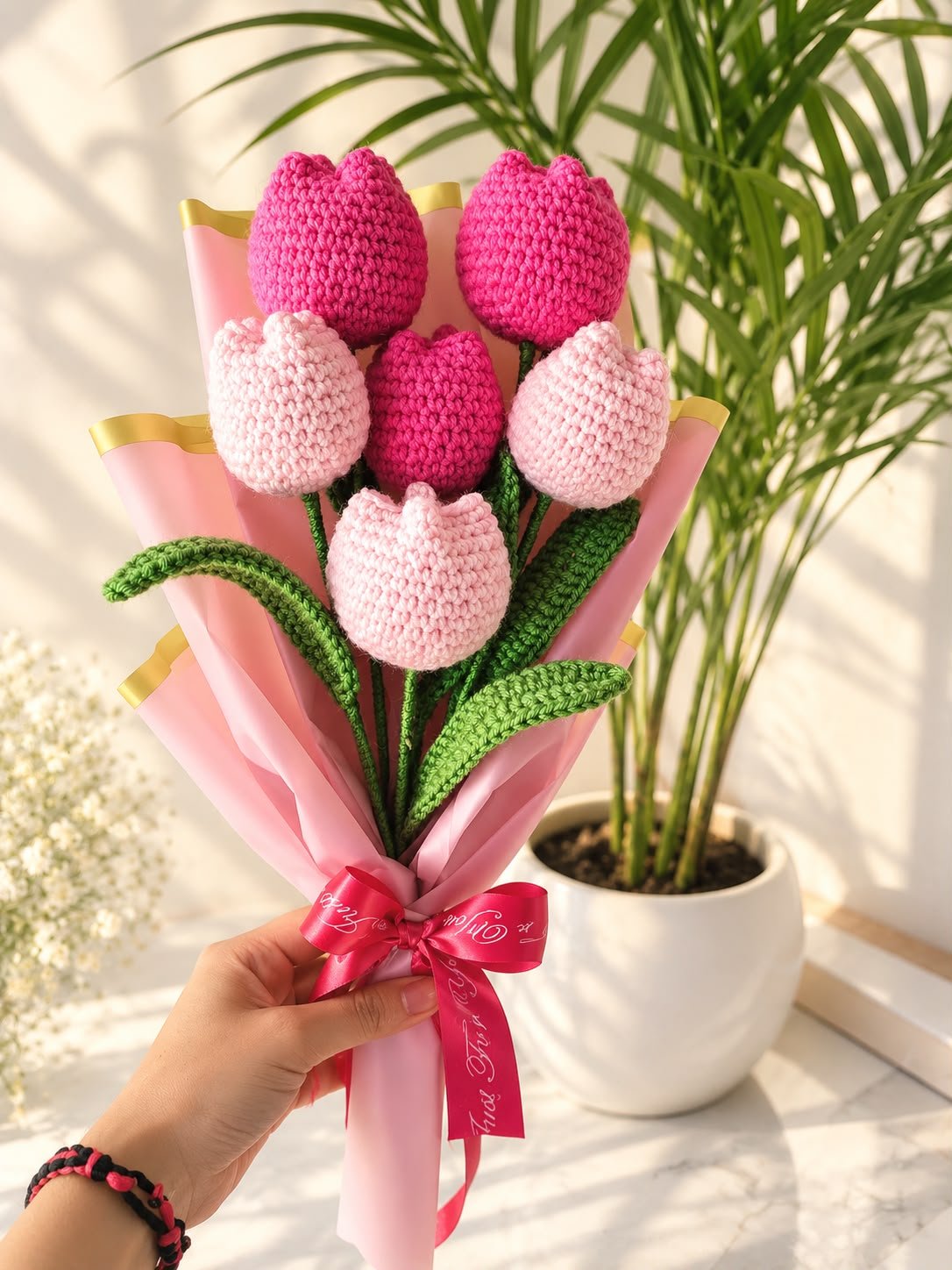 WhatsApp Image 2026-09-08 at 2.56.45 PM Handmade Crochet Tulip Bouquet – 6 Tulips with Green Leaves | Long-Lasting Handmade Flower Gift - Image 1