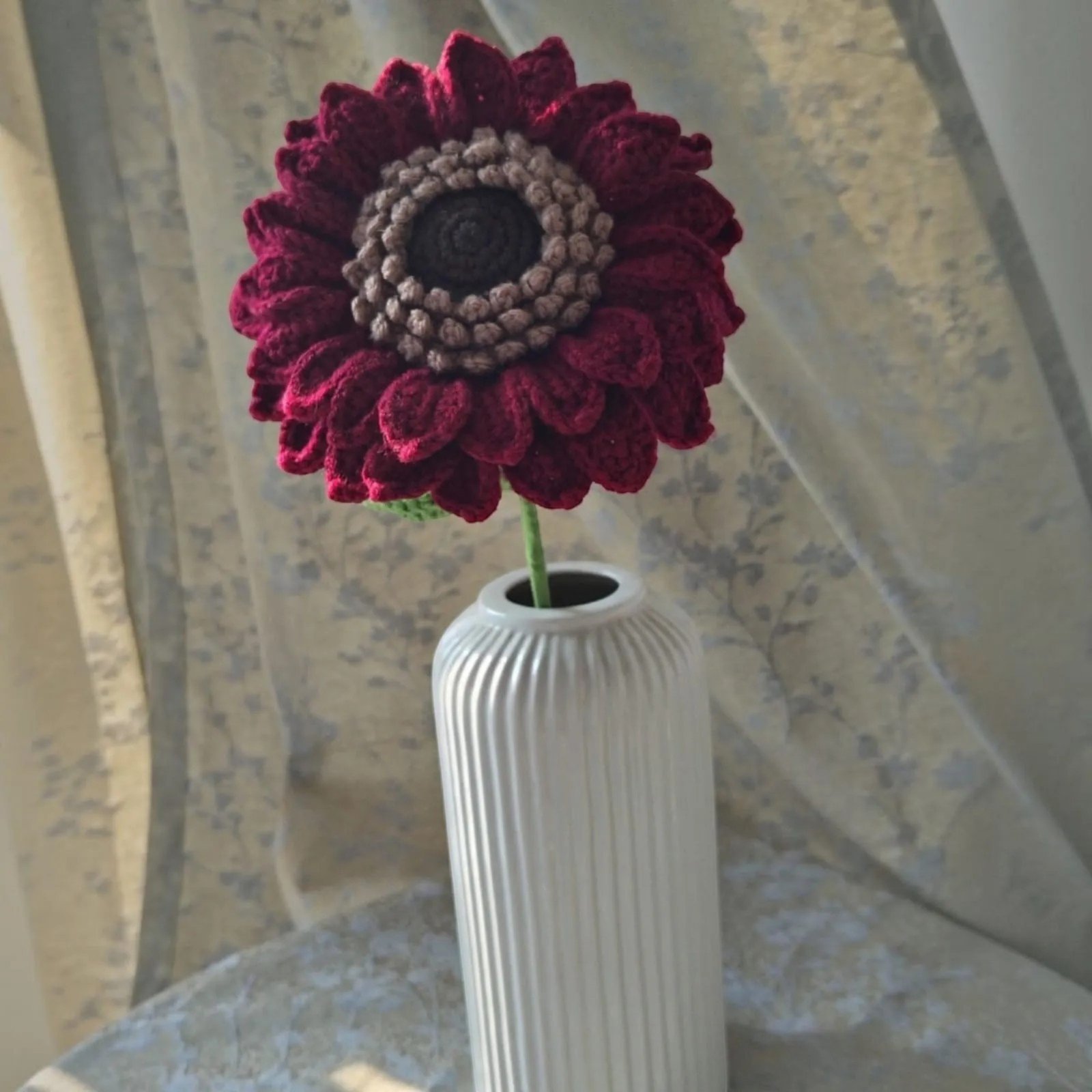sun 1 Handmade Crochet Burgundy Dahlia-Style Flower | Elegant Yarn Flower Home Décor - Image 1